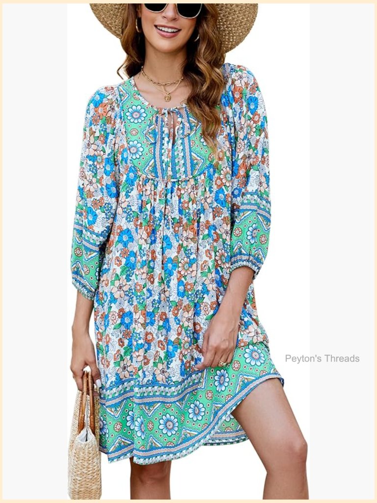 V Neck Floral Print Swing Babydoll Dress 3/4 Sleeve Flowey Beach